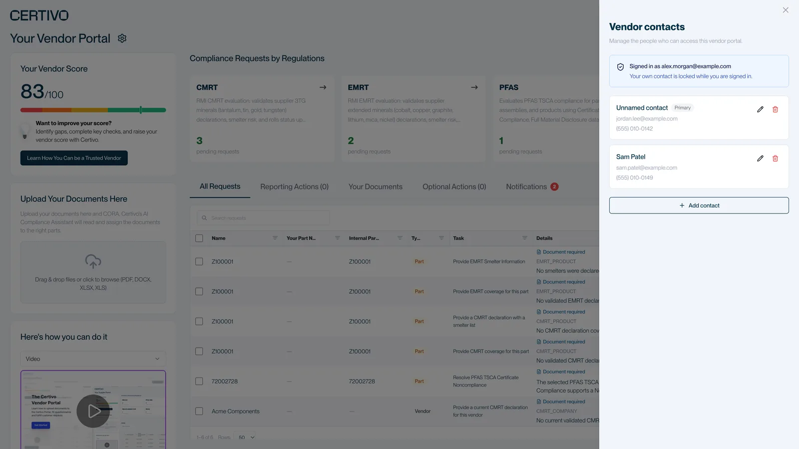 The Vendor contacts panel